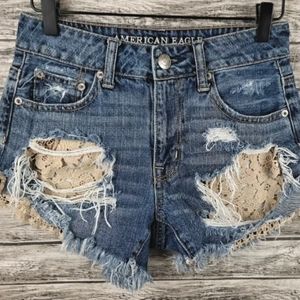 American Eagle Hi-rise Festival Crochet Pockets Distressed Shorts